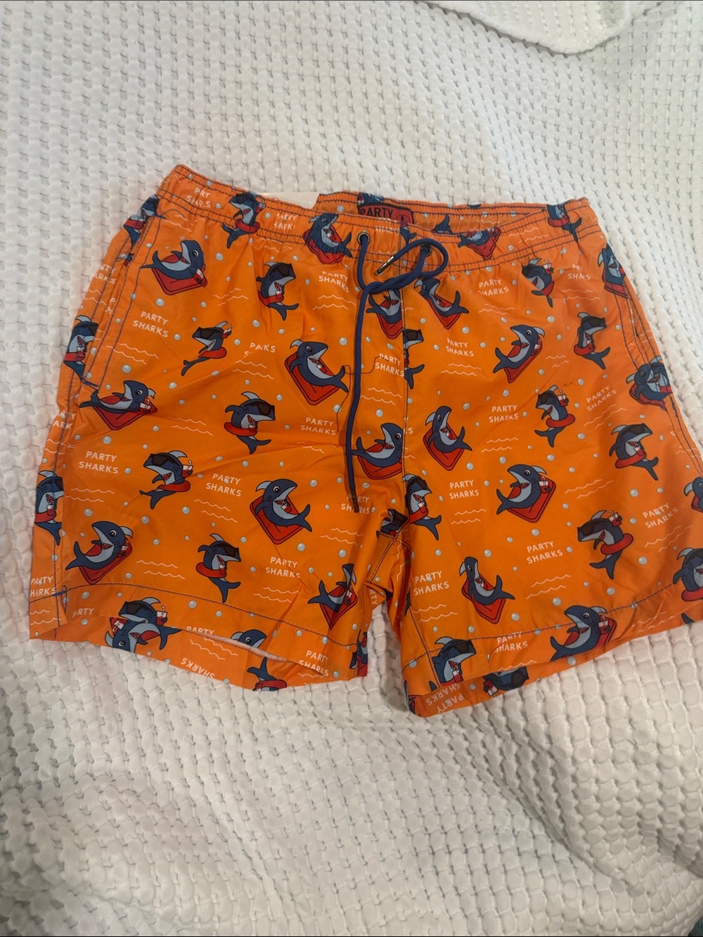 Men’s Orange 'Party Sharks' Swim Trunks with Drawstring